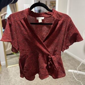 Monteau Red Wrap Blouse with Leopard Pattern